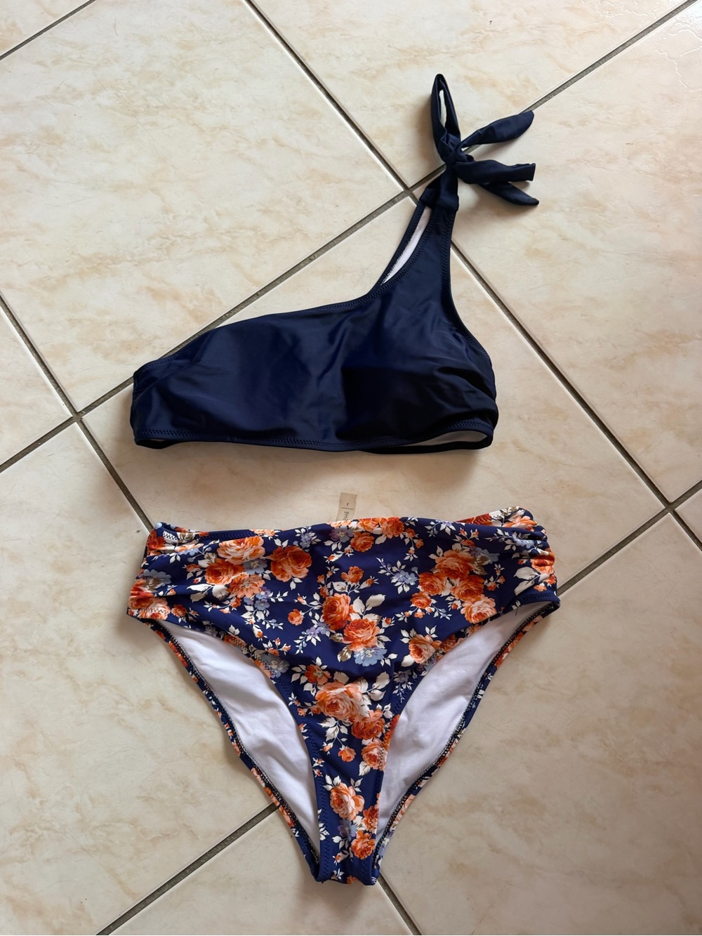 Cupshe Navy One-Shoulder Bikini with Orange Floral High-Waist Bottom